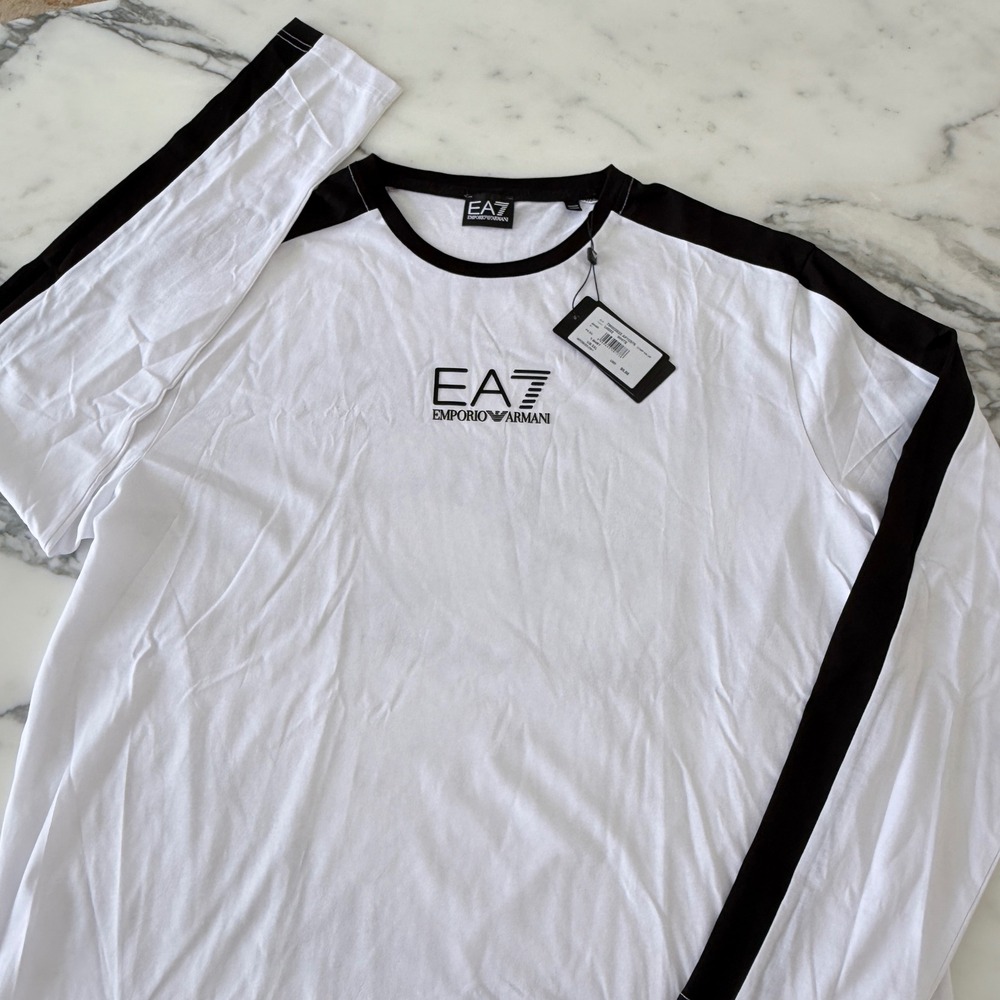 EA7 Emporio Armani Mens White Long Sleeve T-Shirt Black Stripe 7MOO2623 3XL